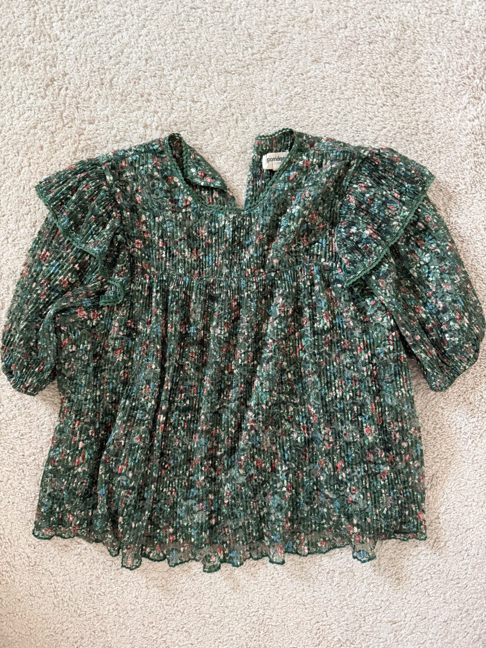 Anthropologie Green Floral Ruffle Blouse